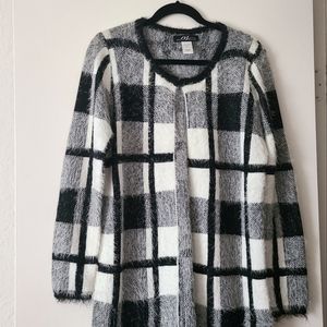 Cardigan Black/White Fuzzy Knit Long Size L